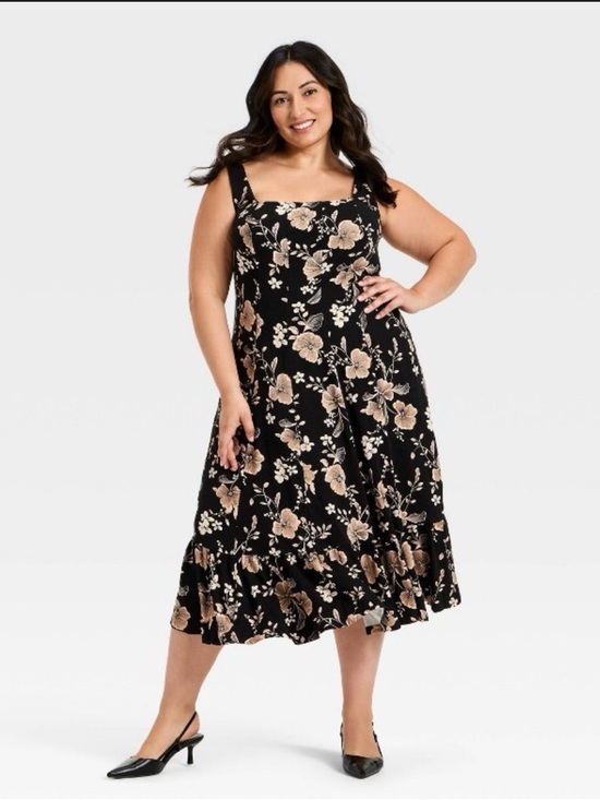 Ava & Viv Dresses & Skirts - Floral Square-Neck Midi Dress in Black and Beige Plus size